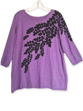 Bob Mackie Wearable Art Purple Cotton/Rayon Sweater Black Leaf Design Size XL